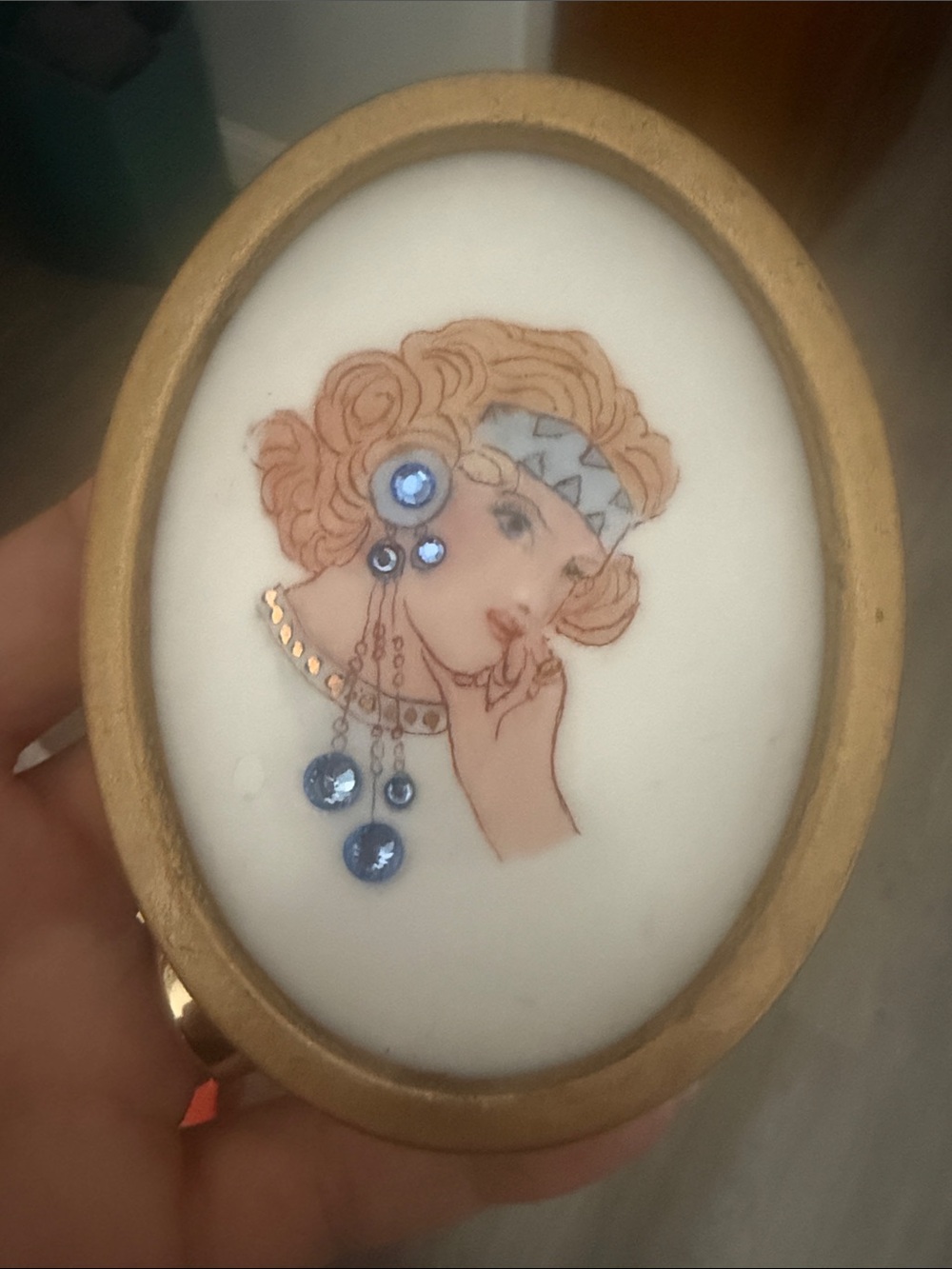 Vintage Portrait Brooch with Gold Frame and Blue Accents